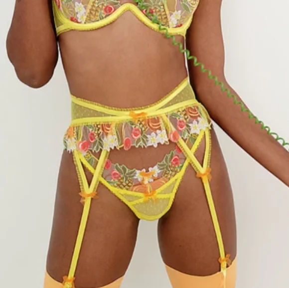 For Love And Lemons Mirabelle yellow floral cherry garter belt - Picture 2 of 10